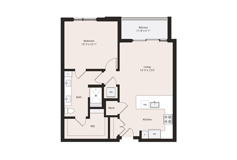 Floor plan for 1 bed, 1 bath, 798 sqft